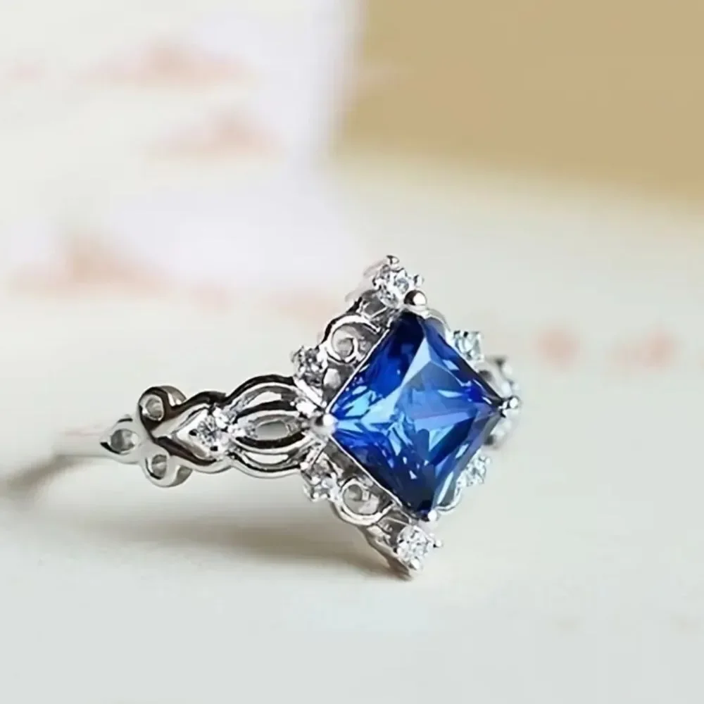 Silver plated blue birthstone ring engagement simple design jewelry